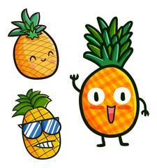 Funny and cute pineapple smiling set - vector. 