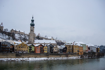 View of Burghausen and river Salzach after snowfall
