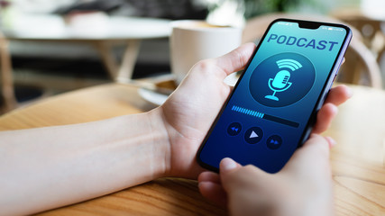Podcast playing or recording application on mobile phone screen. Internet radio media concept.