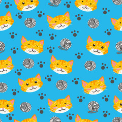 Hand drawing happy kitten or cat in child book illustration style seamless pattern