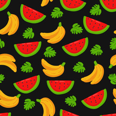 Summer fruit banana watermelon seamless pattern doodle hand drawing on black background