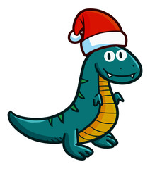 Obraz premium Funny and cute green T-Rex smiling and wearing Santa's hat for christmas