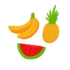 Summer fruit banana pineapple watermelon doodle object for children education illustration