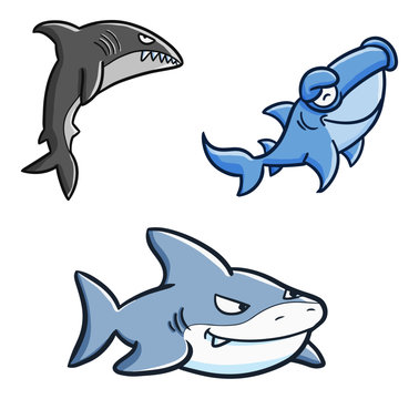 Funny and scary shark swimming set - vector.