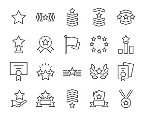 set of award line icons, such as star, champion, prize, acheivement, winner, trophy, glory, certificate