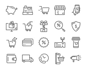 set of shopping icons, such as delivery, e-commerce, service, price, pay, sale