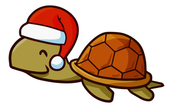 Cute and funny brown turtle smiling and wearing Santa's hat for christmas - vector