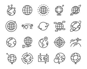 set of world icons, such as global, globe, map, pin, transport