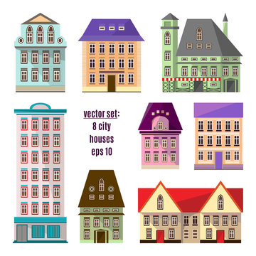 Vector buildings apartments. Set of Europe city houses isolated on white