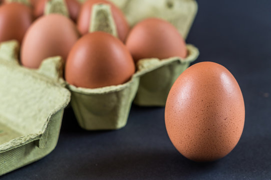 Carton with brown and fresh eggs. Focus on one egg beside the carton.