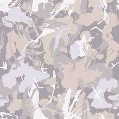 Tender camouflage pattern with paint strokes and splashes elements for textile. Pastel color grunge camo wallpaper. Textile, sport and urban clothes, wrapping paper. Abstract fashionable vector backgr