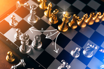 business strategy brainstorm chess board game with hand touch black background with free copy space...