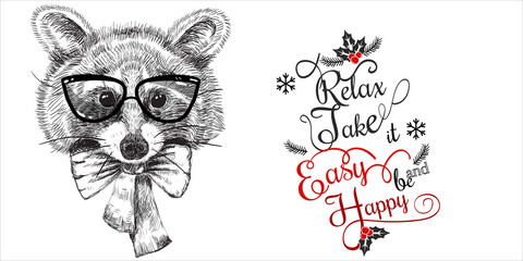 Cartoon cute animal in glasses and bow tie