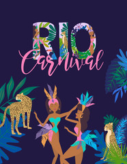 Mardi Gras Carnival poster template with Brazilian samba dancer. Carnival in Rio de Janeiro with girls wearing a festival costume. Editable vector illustration