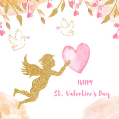 Watercolor card with a golden angel, arrows, hearts, ribbons, doves. Template for greeting card, invitation, wedding, romantic design, valentine's day.