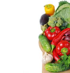 A variety of delicious vegetables. Copy space. Isolated on white