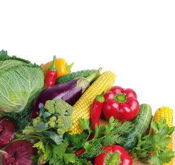 A variety of delicious vegetables. Copy space. Isolated on white