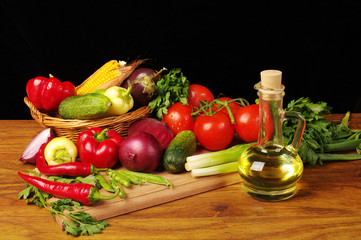 A variety of delicious vegetables on the kitchen board. Copy space. 