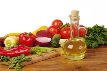 A variety of delicious vegetables on the kitchen board. Copy space. 