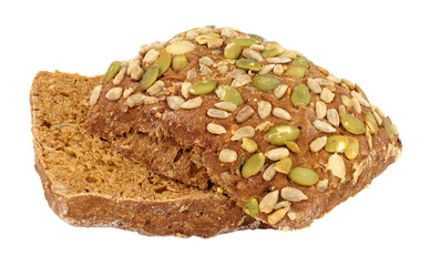Pumpkin and sunflower seed dark rye bread rolls isolated on a white background