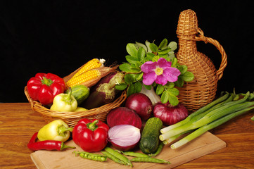 A variety of delicious vegetables on the kitchen board. Copy space. 
