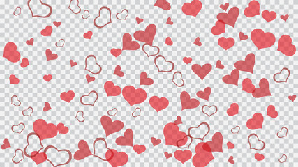 The idea of wallpaper design, textiles, packaging, printing, holiday invitation for birthday. Red hearts of confetti are falling. Red on Transparent fond Vector. Festive background.
