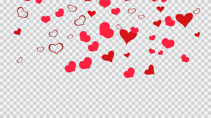 Spring background. Red on Transparent fond Vector. A sample of wallpaper design, textiles, packaging, printing, holiday invitation for birthday. Red hearts of confetti are flying.