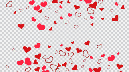 Red on Transparent fond Vector. Light background. A sample of wallpaper design, textiles, packaging, printing, holiday invitation for Valentine's Day. Red hearts of confetti crumbled.