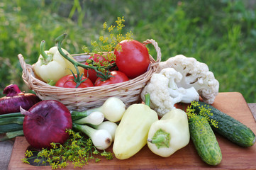 A variety of delicious vegetables on the kitchen board. Copy space. 
