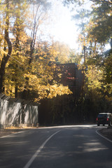 road in autumn woods. Big sound barrier near a road
