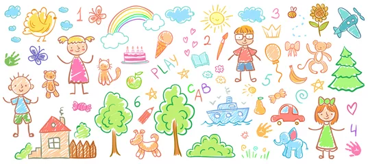 Stickers pour porte Garderie Dessins d& 39 enfants. Peintures de griffonnage pour enfants, dessin au crayon pour enfants et illustration vectorielle pour enfants dessinés à la main