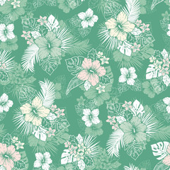 Mint and White Tropical Exotic Foliage and Hibiscus Floral Vector Seamless Pattern. Line Drawing Background.