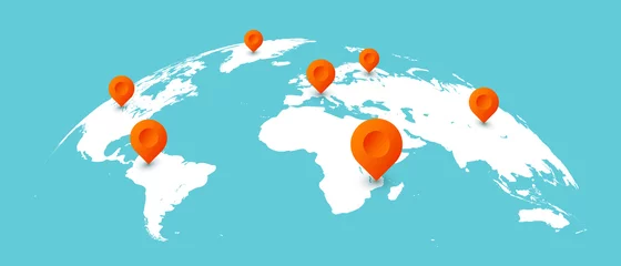  Wereld reiskaart. Pinnen op wereldwijde aardekaarten, wereldwijde zakelijke communicatie geïsoleerde conceptillustratie © Tartila