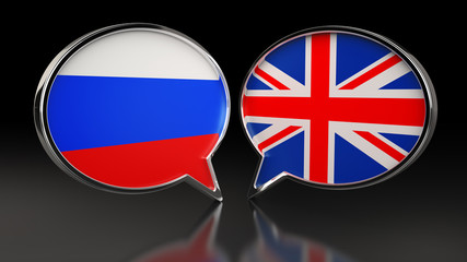 Russia and United Kingdom flags with Speech Bubbles. 3D illustration