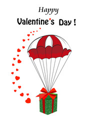 Valentine's cartoon greeting card with gift falling down with pa