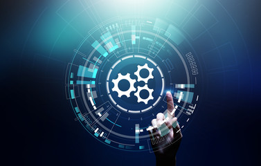 Gears mechanism on virtual screen. Automation and business process flow. Business and technology...