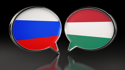 Obraz premium Russia and Hungary flags with Speech Bubbles. 3D illustration