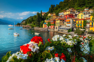 Gorgeous cityscape and harbor with boats, Varenna, lake Como, Italy