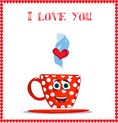 I love you card with cute smiling red mug with white polka dots