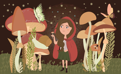 Magic forest illustrations with girl and forest plant. Cartoon poster for children's holidays, design and illustrations for books. Editable vector illustration