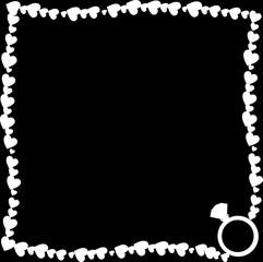   black and white vintage photo frame made of hearts with ring silhouette in corner.