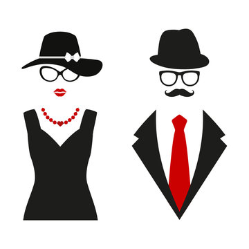 elegant silhouettes of man and woman in retro style on white background
