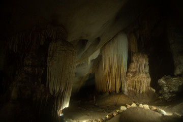 Stalactite rock formations in Lawa Cave. Kanchanaburi province, Thailand. © Art789