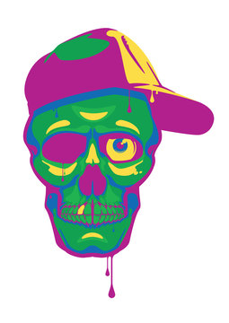 An image of a Skull with a sideways cap and single eyeball, dripping with ink.