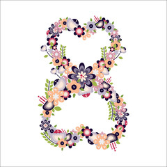 Vector flat number 8 with flowers. International Women s Day.