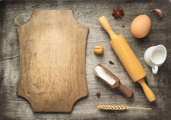 bakery and bread ingredients on wood