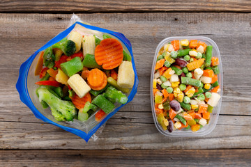 Frozen vegetables in a plastic bag. Healthy food storage concept.