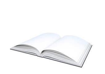 Open blank book on white background.