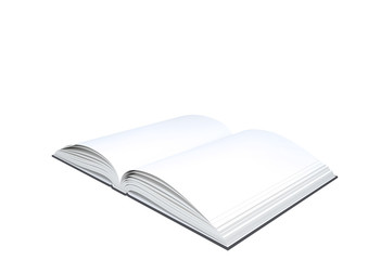 Open blank book on white background.