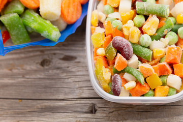 Frozen vegetables in a plastic bag. Healthy food storage concept.